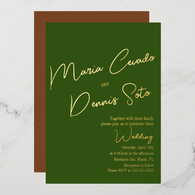 Botanical Green Brown Script Wedding  Foil Invitation (Front/Back)