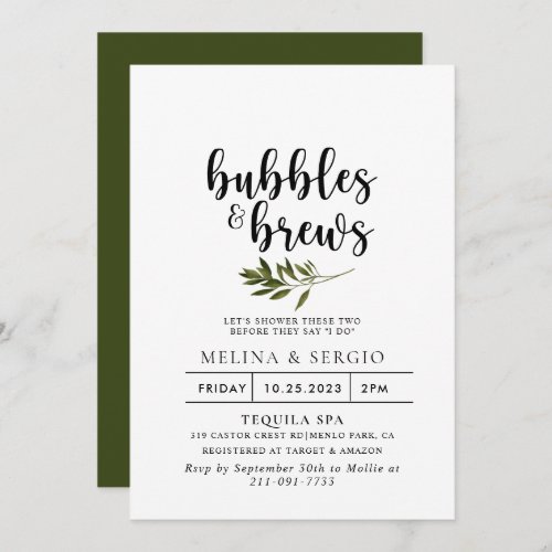 Botanical Green Bubbles  Brews Bridal shower  Invitation