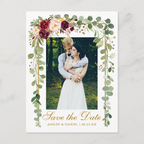 Botanical Green Burgundy Floral Save The Date Gold Announcement Postcard