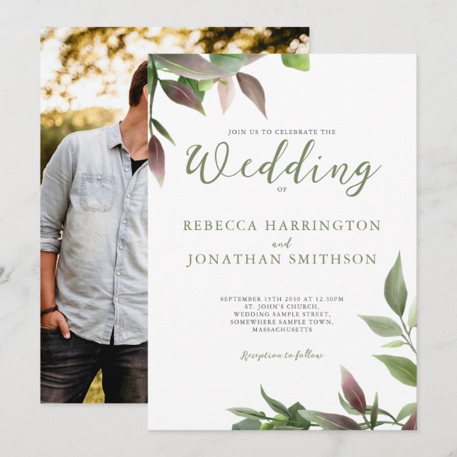 Botanical Green Burgundy Photo Wedding Invitation (Front/Back)