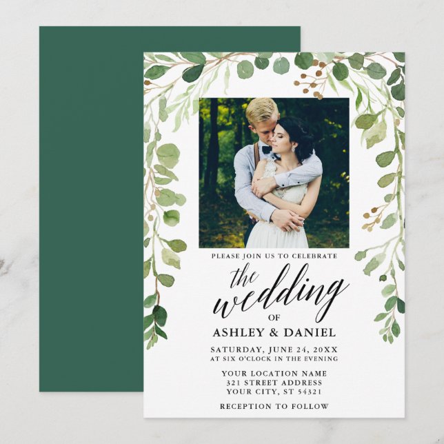 Botanical Green Calligraphy Photo Wedding Invitation (Front/Back)