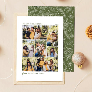Botanical Green Christmas Family 7 Photo Collage Holiday Card