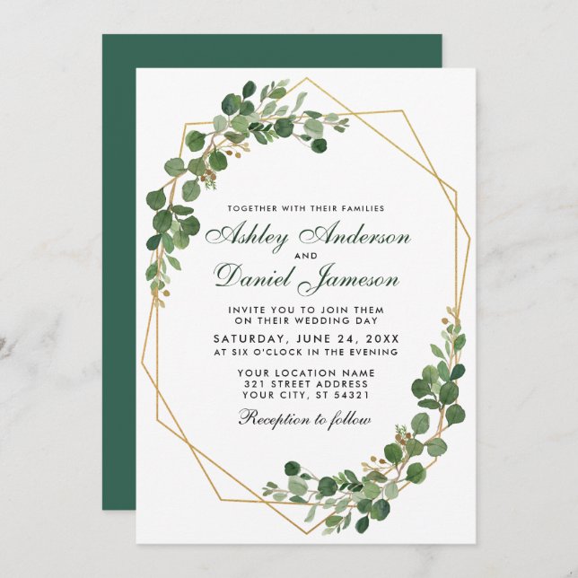 Botanical Green Eucalyptus Geometric Wedding Invitation (Front/Back)
