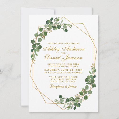 Botanical Green Eucalyptus Gold Geometric Wedding Invitation