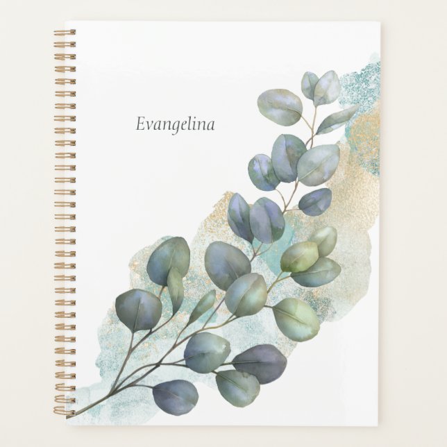 Botanical Green Eucalyptus Watercolor Planner (Front)