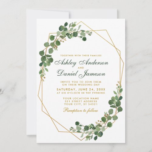 Botanical Green Eucalyptus Wedding Gold Geometric Invitation