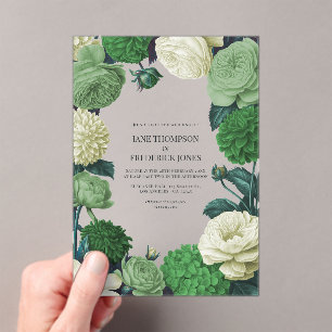 Botanical Green, Fern Shadow & Ivory Bud Wedding Acrylic Invitations