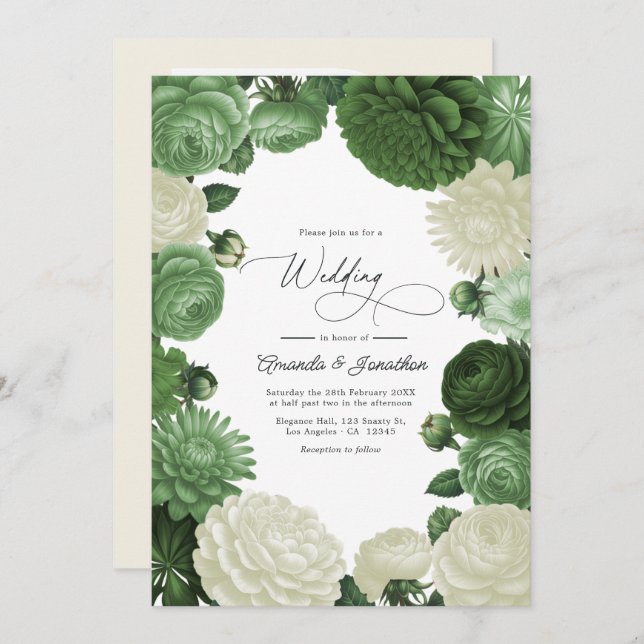Botanical Green, Fern Shadow & Ivory Bud Wedding Invitation (Front/Back)