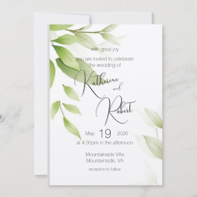 Botanical Green Flat Wedding Invitation (Front)