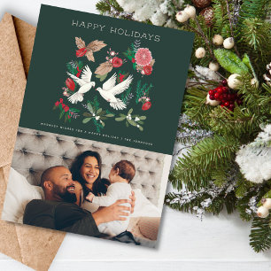 Botanical Green Floral & Doves   Christmas Holiday Card