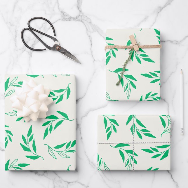 Botanical Green Floral Plant Leaves Pattern Wrapping Paper Sheets (Front)