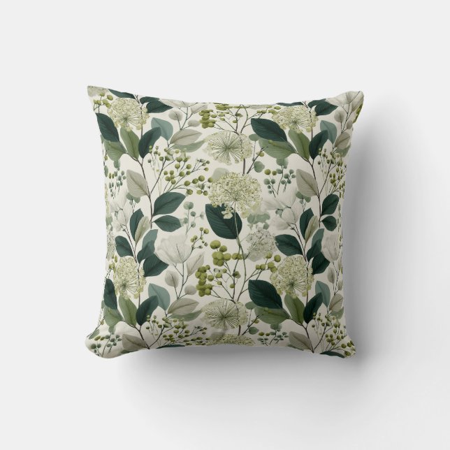 Botanical Green Flower Cream Floral Pattern Throw Pillow (Front)