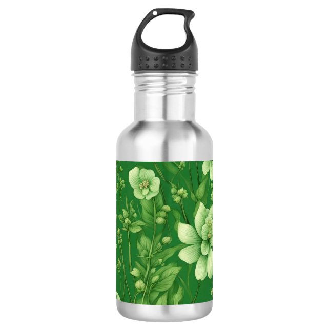 Botanical green flowers pattern stainless steel water bottle (Front)