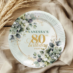 Botanical Green Gold Eucalyptus 80th Birthday Paper Plates