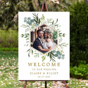 Botanical Green Gold Hexagon Photo Wedding Welcome Foam Board