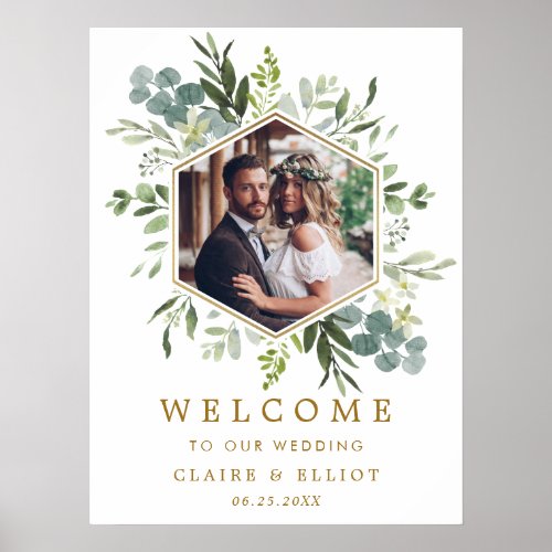 Botanical Green Gold Hexagon Photo Wedding Welcome Poster