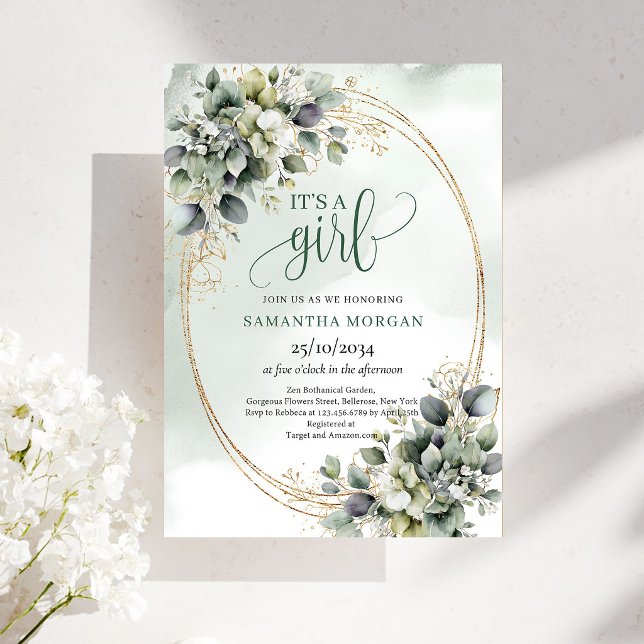 Botanical Green Gold Theme It’s A Girl Invitation (Botanical Green Gold Theme It’s A Girl Invitation)