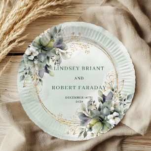 Botanical Green Gold Watercolor Wedding Paper Plates