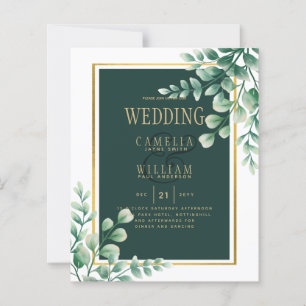 Botanical Green Gold Wedding Invitation Emerald