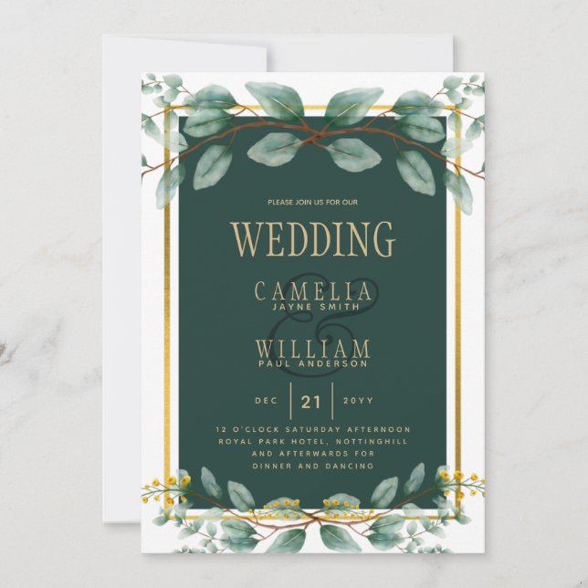 Botanical Green Gold Wedding Invitation Emerald (Front)