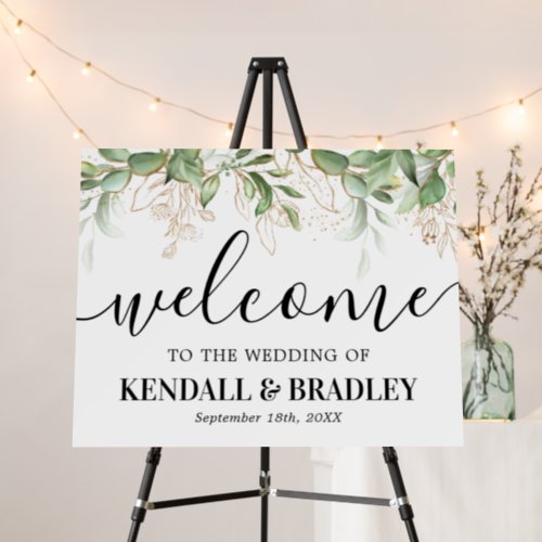 Botanical Green & Gold Wedding Welcome Foam Board - Elegant botanical wedding welcome foam board sign featuring a simple white background that can be changed to any color, a watercolor display of green and gold foliage, the word "welcome" in a calligraphy script font, their names, and the wedding date.