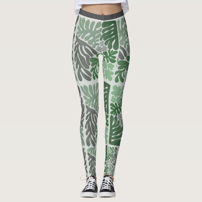 Botanical Green & Gray Leaf Print Women’s Leggings (Front)