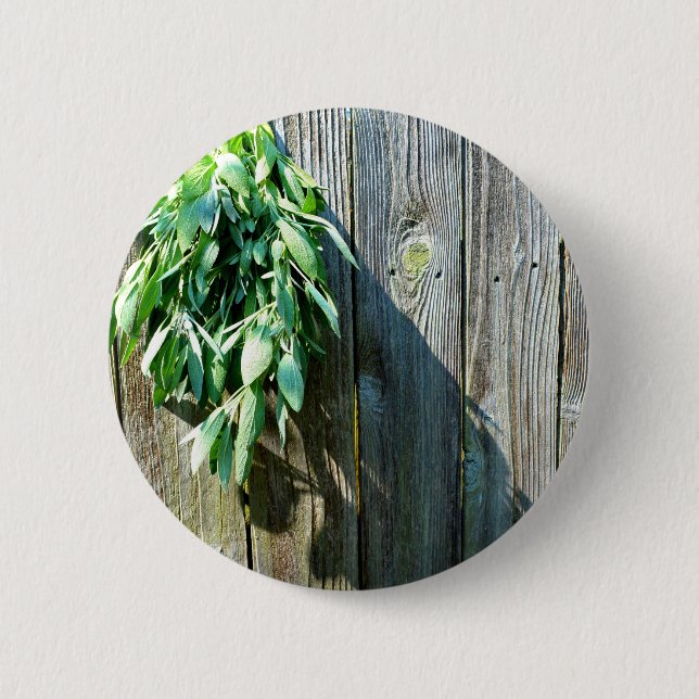 Botanical green herbs distressed wood grain button (Front)
