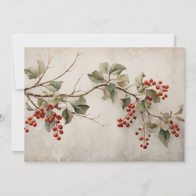 Botanical Green Holly and Red Berries Holiday Card (Front)