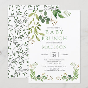 Botanical Green Leaf Baby Brunch Invitation