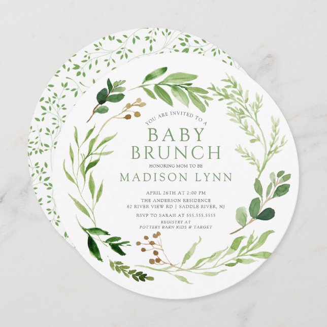 Botanical Green Leaf Baby Brunch Invitation (Front/Back)
