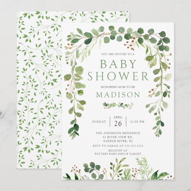 Botanical Green Leaf Baby Shower Invitation (Front/Back)