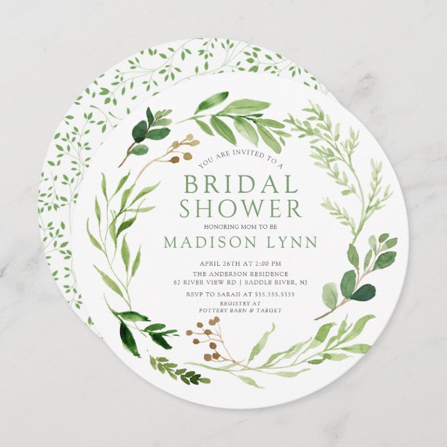 Botanical Green Leaf Bridal Shower Invitation (Front/Back)