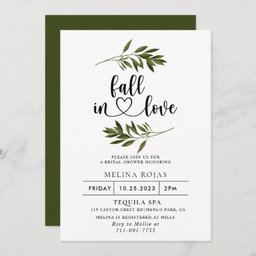 Botanical Green Leaf Fall in Love Bridal shower   Invitation