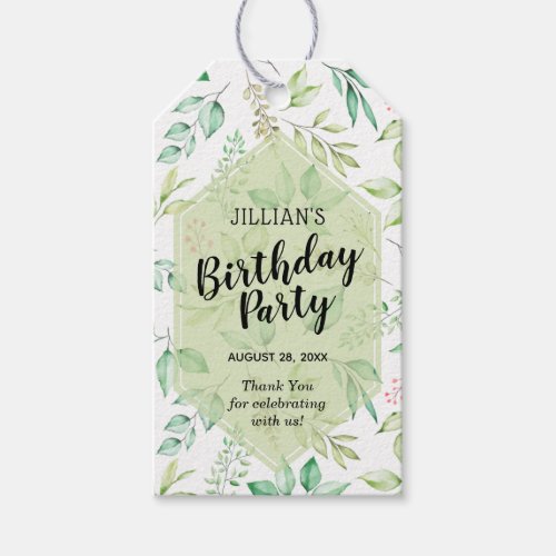 Botanical Green Leaves Birthday Party Thank You Gift Tags