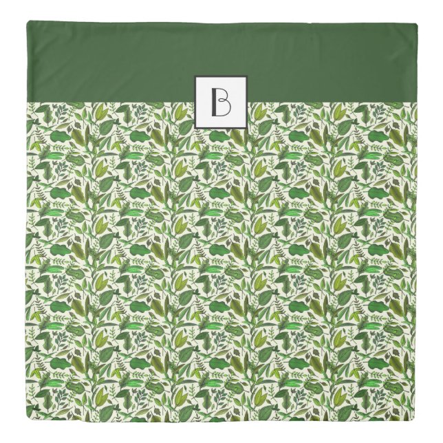 Botanical Green Leaves Foliage Pattern Monogrammed Duvet Cover (Front)