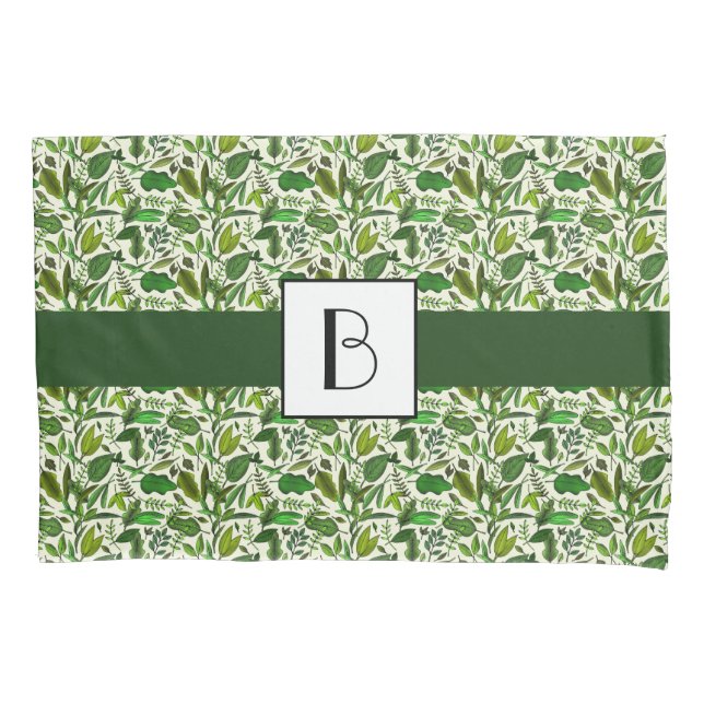 Botanical Green Leaves Foliage Pattern Monogrammed Pillow Case (Front)