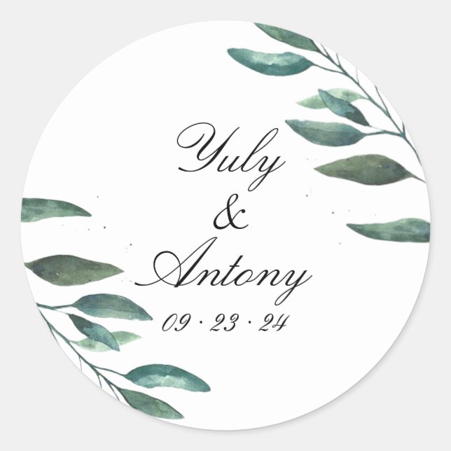 Botanical Green Leaves Modern Wedding  Classic Round Sticker (Front)
