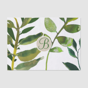 Botanical Green Leaves Monogram Letter Initial Tissue Paper