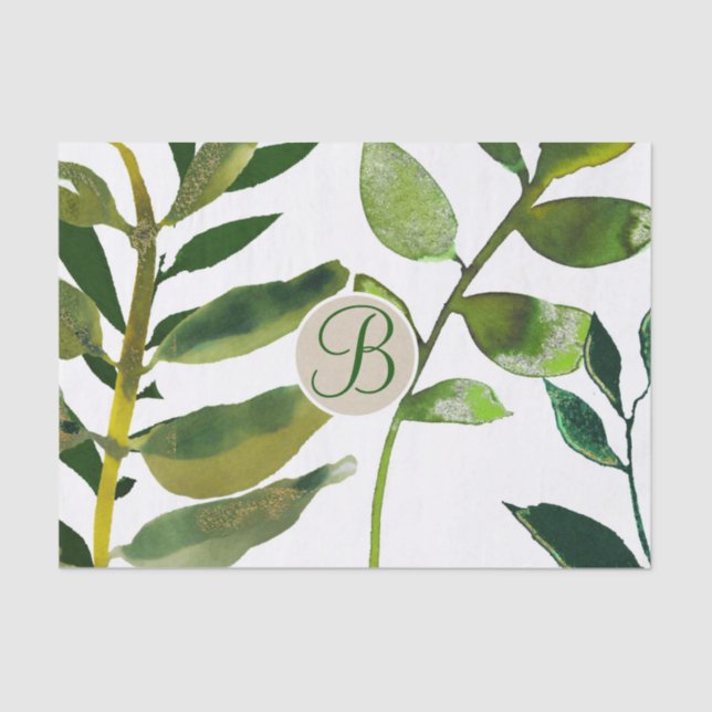 Botanical Green Leaves Monogram Letter Initial Tissue Paper (Front)
