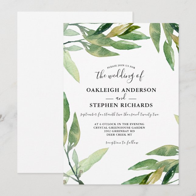 Botanical Green Leaves Watercolor Wedding Invitation (Front/Back)