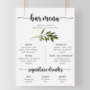 Botanical Green Leaves Wedding Bar Menu Poster