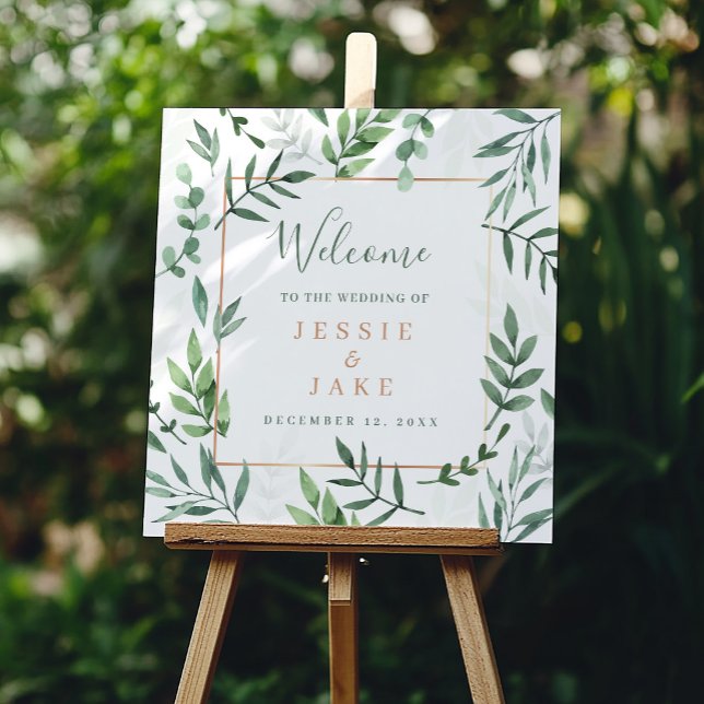 Botanical green leaves wedding welcome sign (Elegant botanical green leaves wedding welcome sign.)