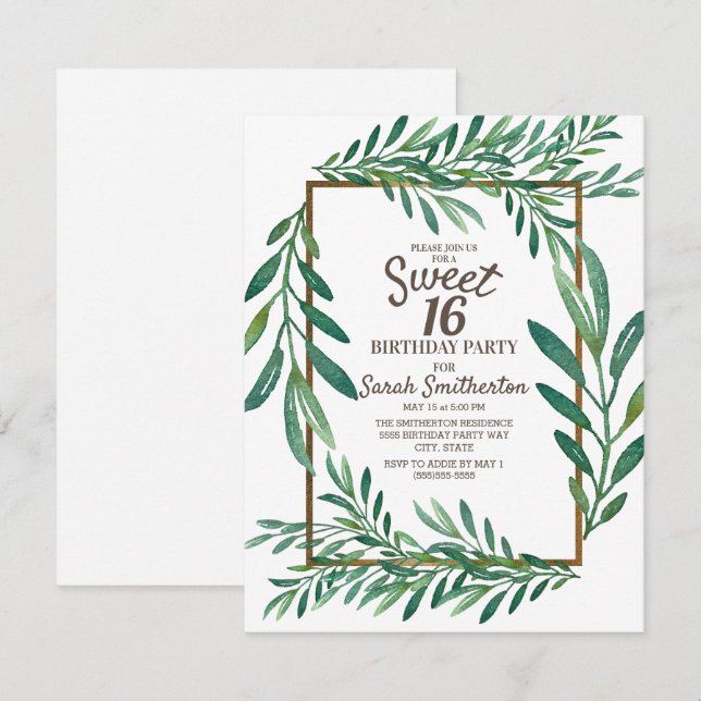 Botanical Green Leaves White Gold Sweet 16 Invitation (Front/Back)