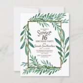 Botanical Green Leaves White Gold Sweet 16 Invitation (Front)