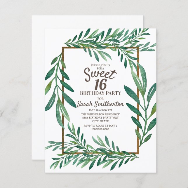 Botanical Green Leaves White Gold Sweet 16 Invitation (Front/Back)