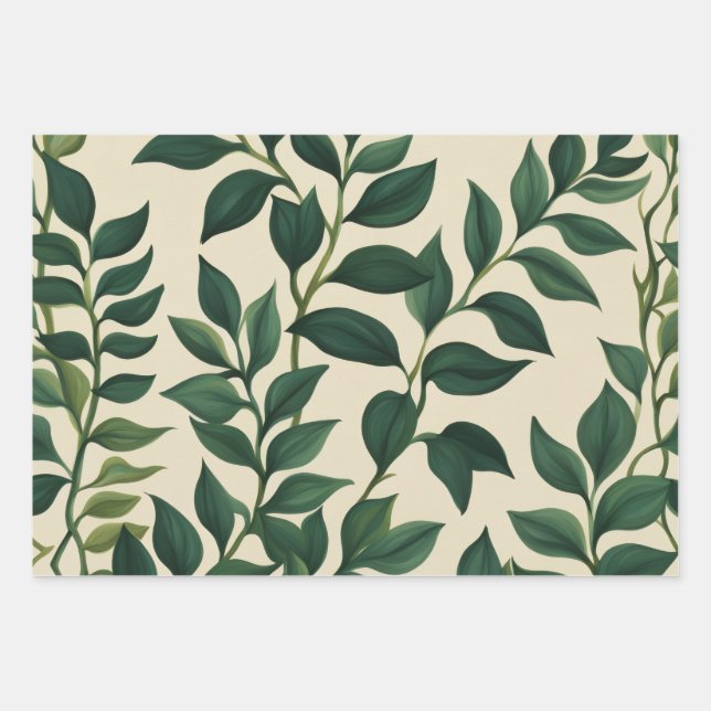 Botanical green leaves wrapping paper sheets (Front)