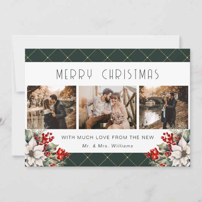 Botanical Green Merry Christmas Newlywed 3 Photo Holiday Card (Front)