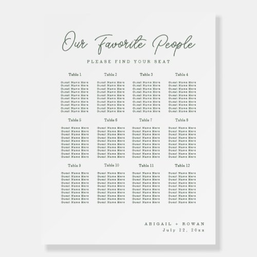 Botanical Green Minimalist Wedding Seating Chart Foam Board