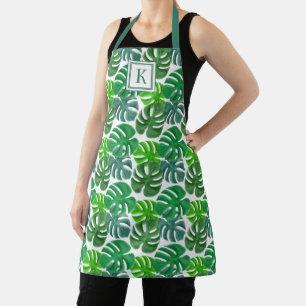 Botanical Green Palm Leaves Monogram Apron