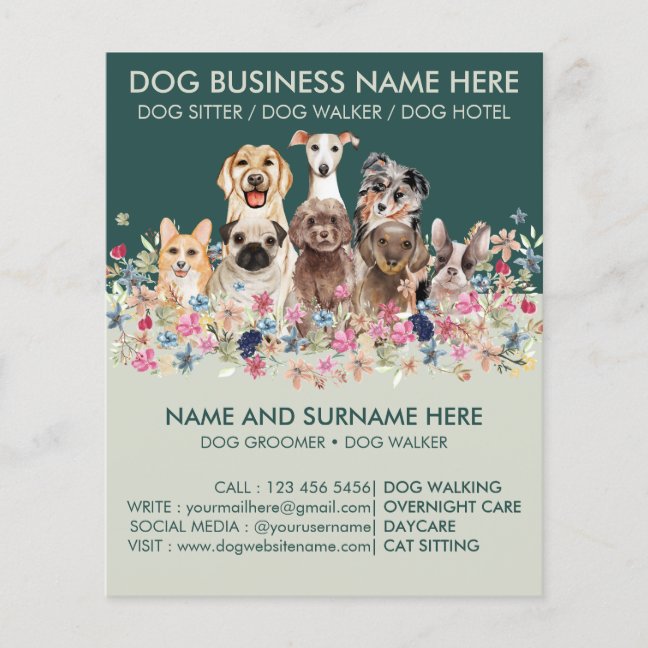 Botanical Green Pet Sitter Boarding Groomer Dogs Flyer